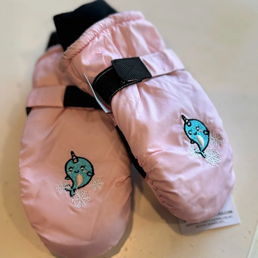 Pink Girls Embroidered Narwhal Tusser Ski Mitten sized 2-4 Water resistant